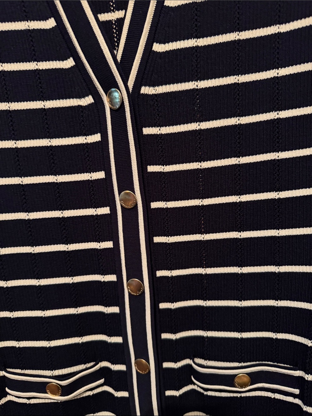 Chic Navy & White Striped Knit Gold Button-Front Dress by Cara Cara - Picture 7 of 11